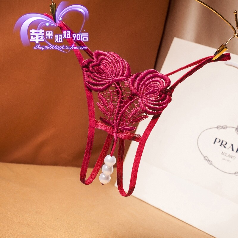 女士镂空刺绣开裆式珍珠按摩丁字裤t裤 性感游戏女内裤 2226