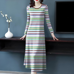 上新~新款条纹女装夏季薄款长袖长裙宽松显瘦遮肚减龄连衣裙长款