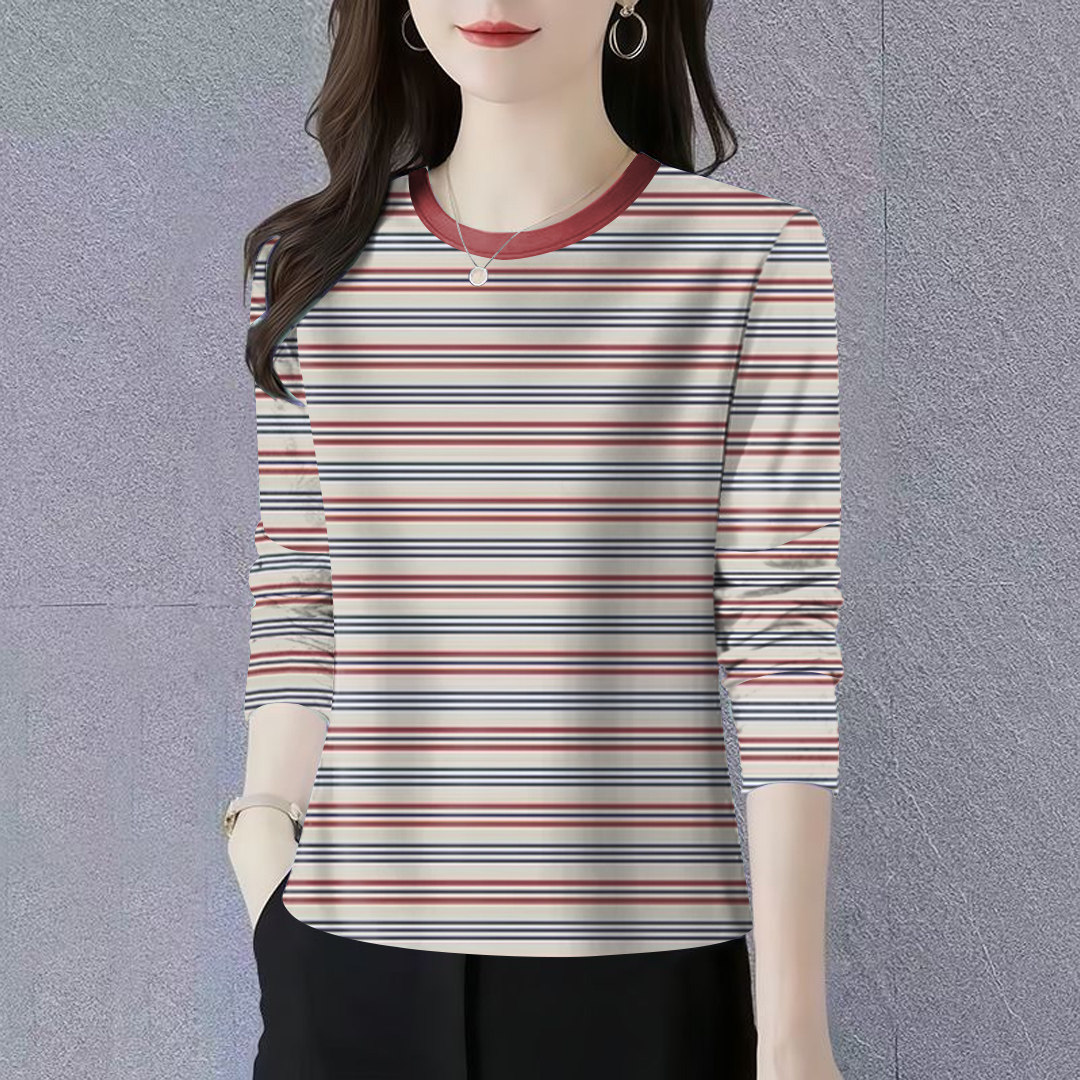 上新~女装夏季薄款新款圆领经典条纹长袖宽松显瘦遮肚T恤女上衣潮
