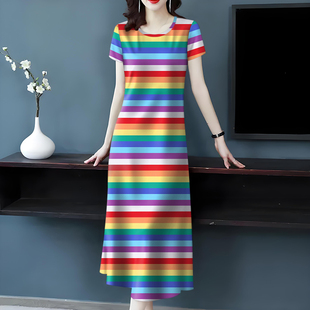 新款 长裙条纹宽松遮肚减龄长款 女装 圆领短袖 连衣裙 夏季 好品捡漏