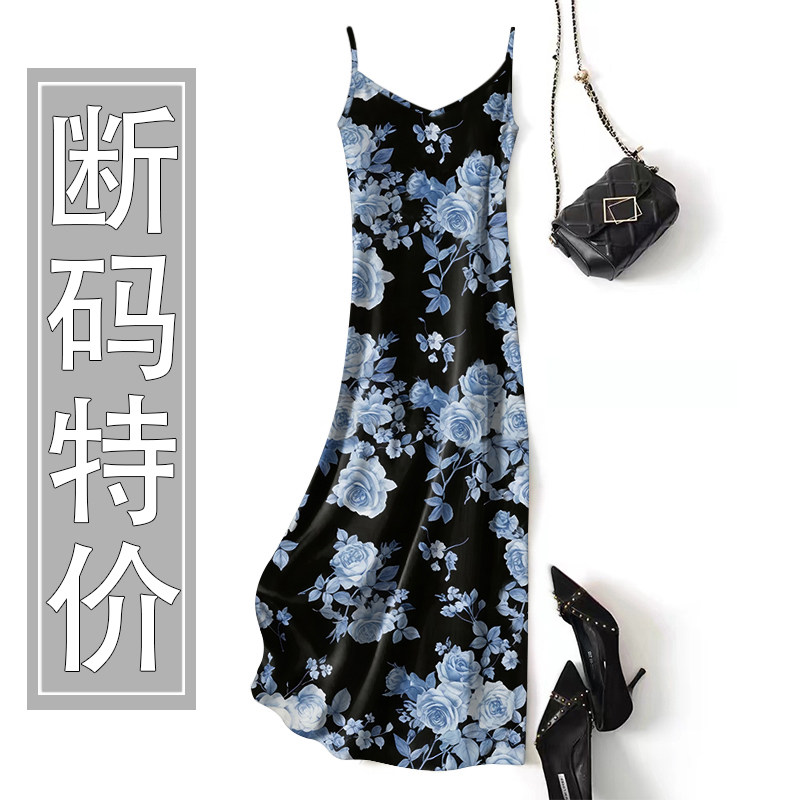 新款百搭碎花时尚法式宽松气质吊带连衣裙女春夏中长款垂顺裙子