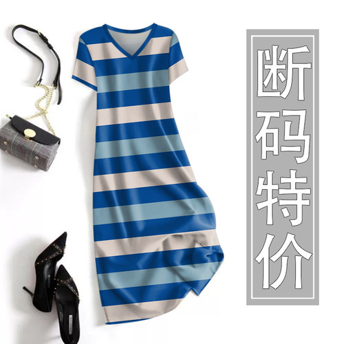 夭夭依~夏季新款女装条纹低圆领短袖中长裙宽松遮肚减龄连衣裙女