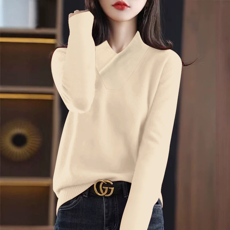 德绒保暖~撞色长袖打底衫女秋冬款交叉领t恤宽松外穿上衣内搭纯色