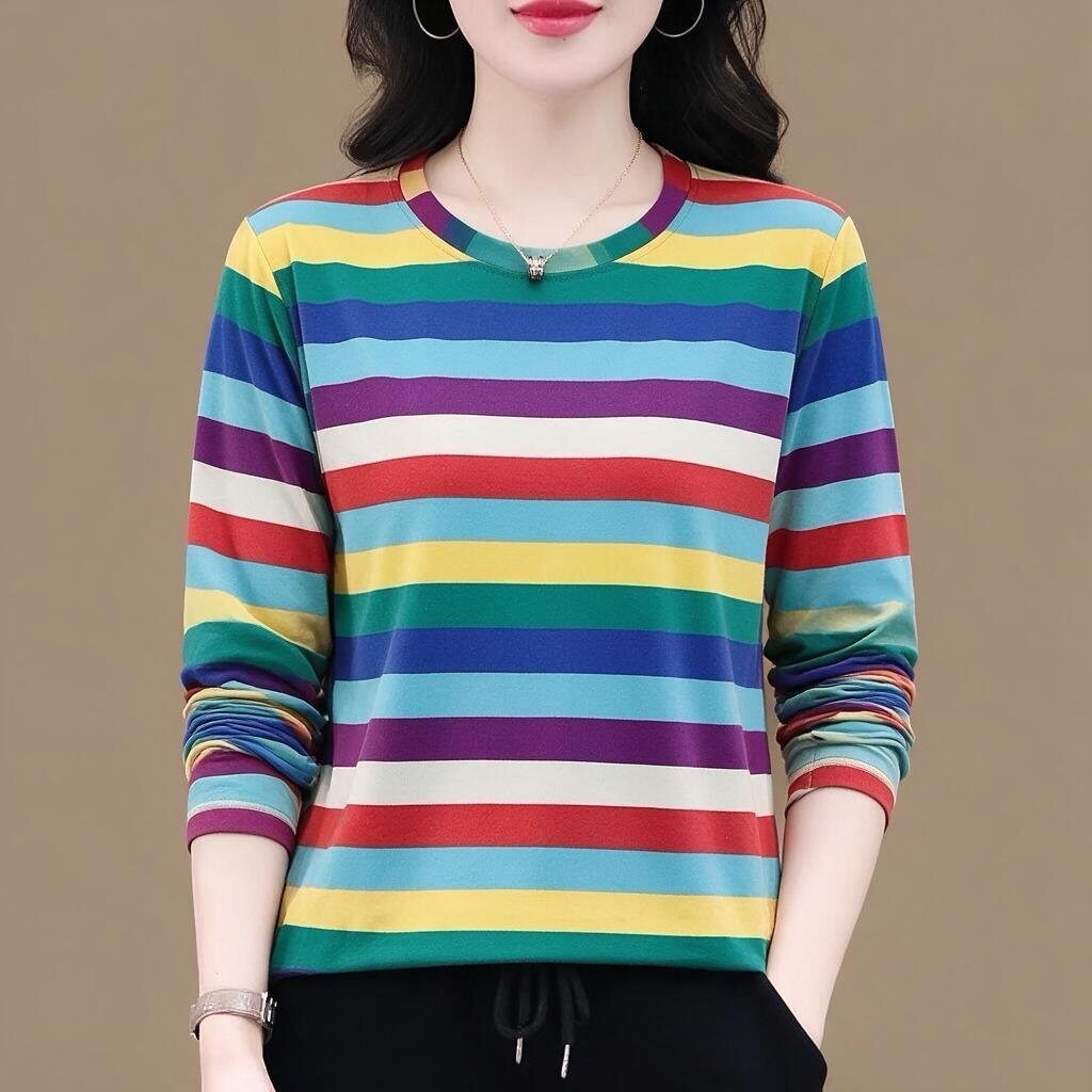 清仓捡漏~春秋新款高档条纹女装长袖宽松遮肚显瘦减龄T恤女上衣潮