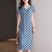 新款 女装 夏季 上新 低圆领短袖 中长裙波点印花宽松遮肚减龄连衣裙