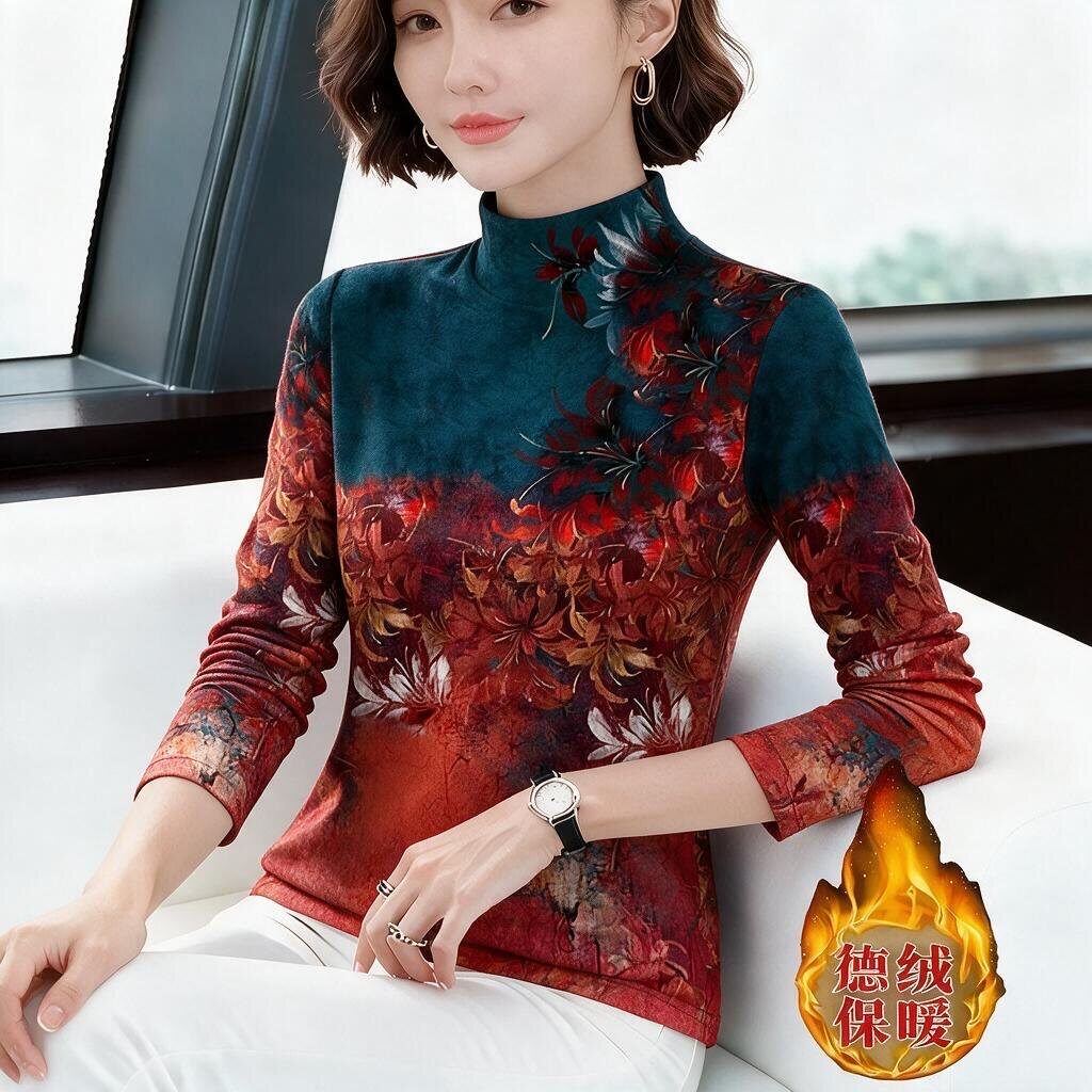上新~德绒半高领秋季薄绒款打底衫女长袖时尚印花百搭保暖上衣