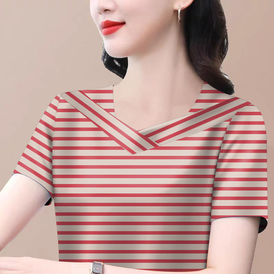好品捡漏~2025新款夏季条纹短袖t恤宽松体恤休闲正肩v领上衣女