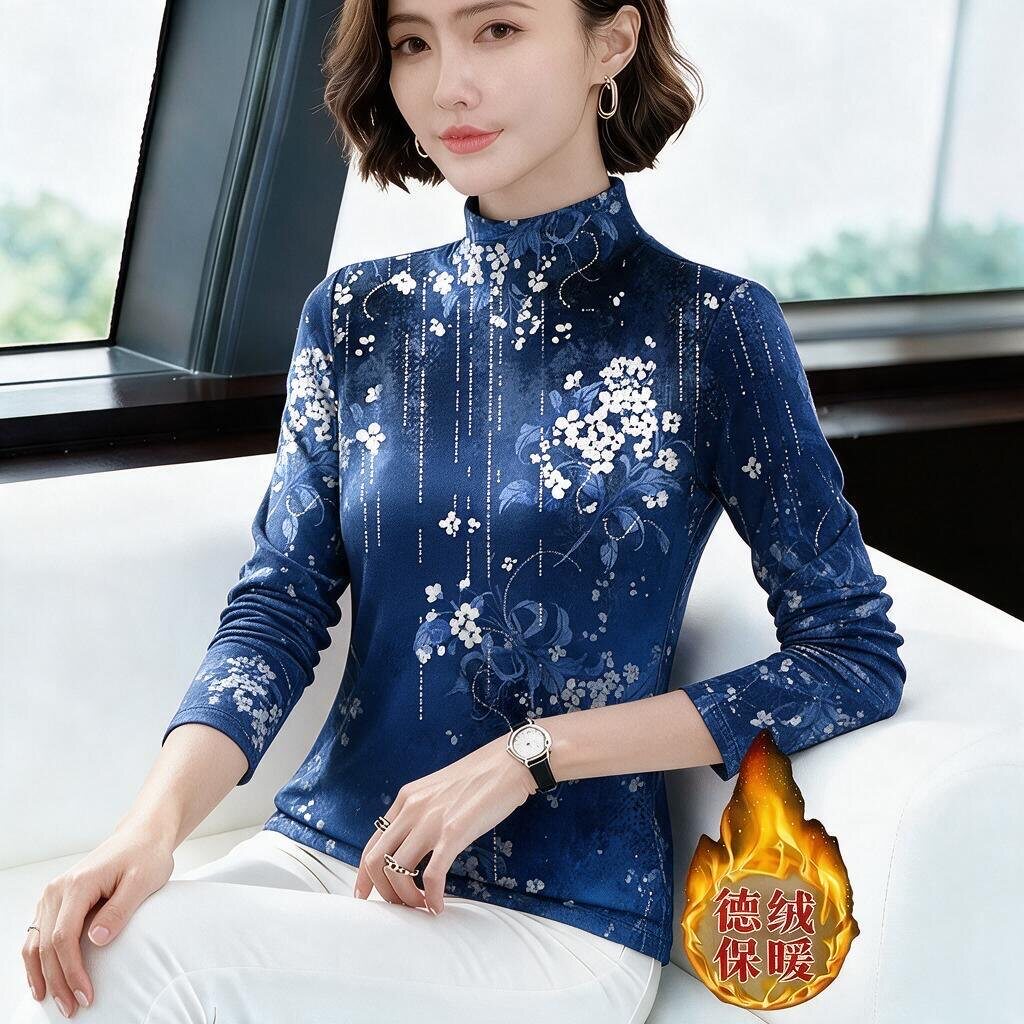 上新~德绒半高领秋季薄绒款打底衫女长袖时尚印花百搭保暖上衣
