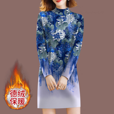 德绒保暖~中长款连衣裙女印花时尚宽松显瘦秋冬洋气半高领打底衫