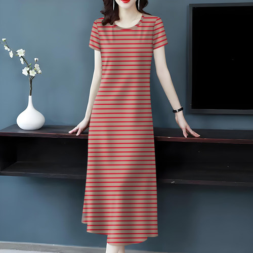 好品捡漏~新款女装夏季圆领短袖长裙条纹宽松遮肚减龄长款连衣裙