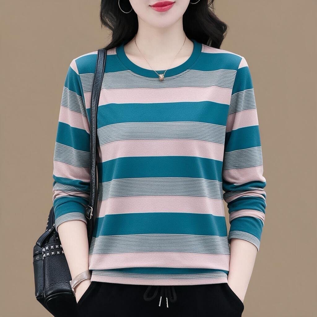 清仓捡漏~春秋新款高档条纹女装长袖宽松遮肚显瘦减龄T恤女上衣潮