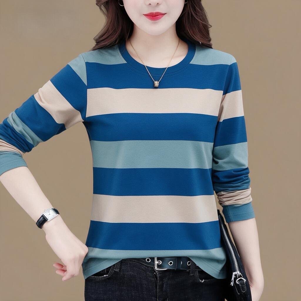 清仓捡漏~春秋新款高档条纹女装长袖宽松遮肚显瘦减龄T恤女上衣潮