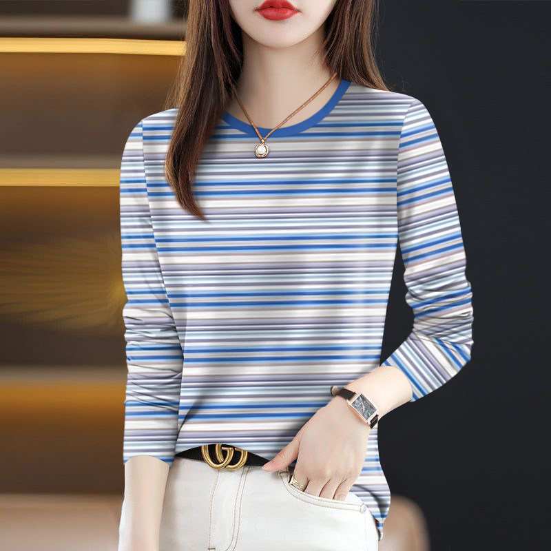 夭夭依~女装夏季新款圆领经典条纹长袖宽松显瘦遮肚T恤女上衣潮