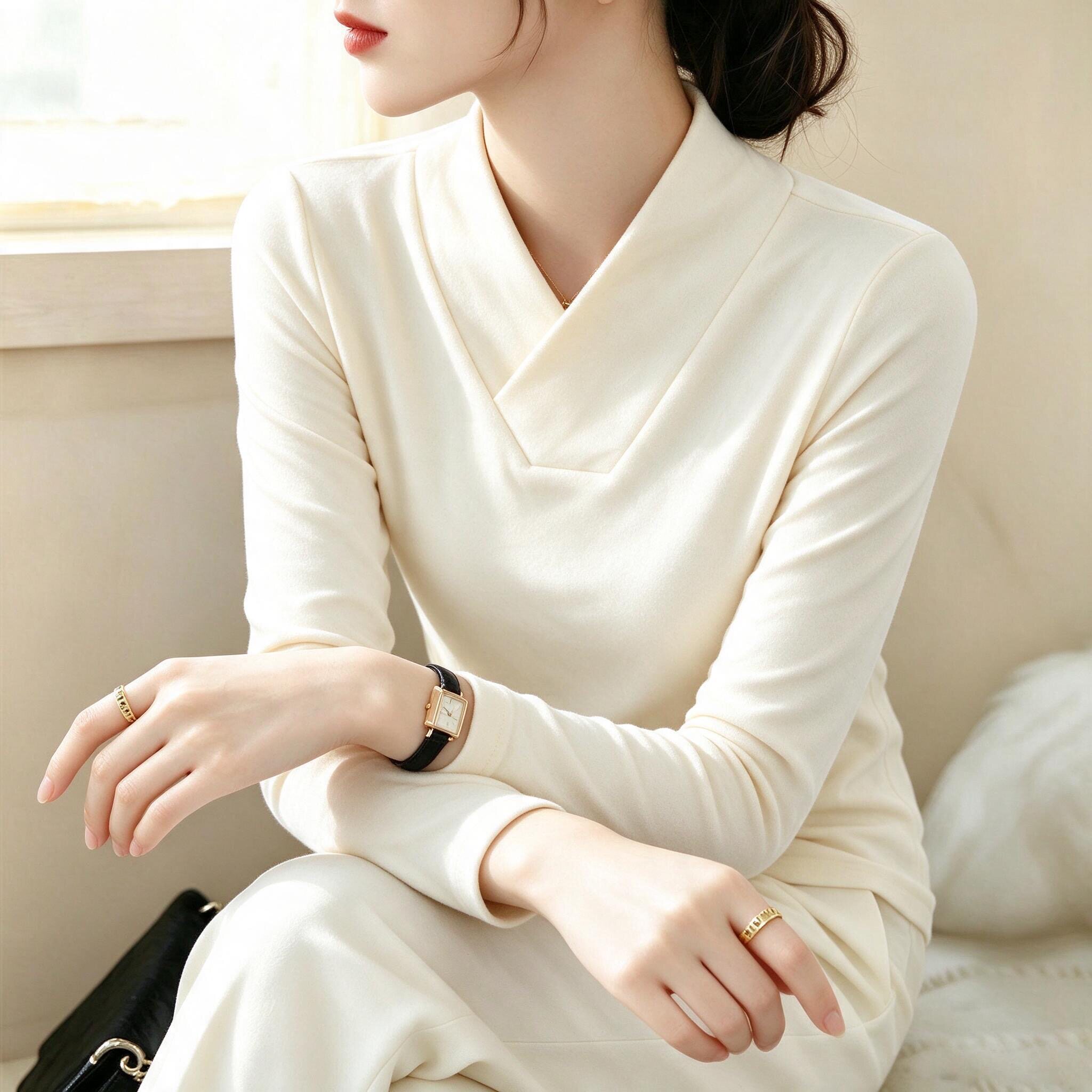 德绒秋冬薄绒保暖v领长袖打底女款交叉领宽松显瘦外穿上衣纯色