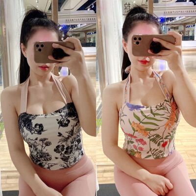 ke网红复古印花带胸垫瑜伽