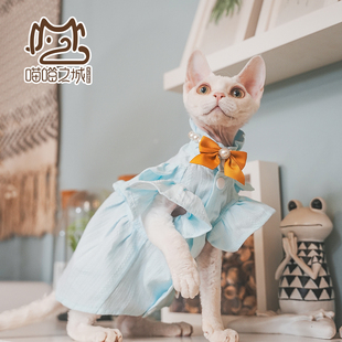 2024年夏季纯棉透气宠物猫连衣裙无毛猫斯芬克斯天蓝色立领短袖裙