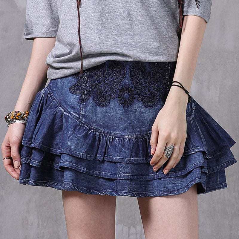 2026春夏季新款小个子蓬蓬牛仔裙复古刺绣荷叶边水洗半身裙X2210