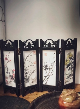 宋惠君老师纯手绘定制款迷你小屏风梅兰竹菊四君子中国风案头摆件