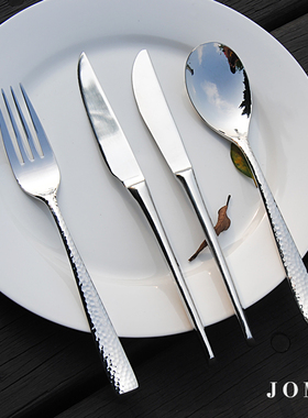 JOMU锤点风格设计 西餐304不锈钢牛排刀叉勺3件套装咖啡勺水果叉