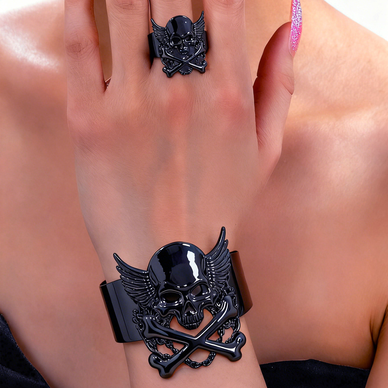 朋克风骷髅头手镯戒指套装金属哥特摇滚乐队鬼头上臂手链食指戒,饰品/流行首饰/时尚饰品新,组合套装,淘宝优惠券,粉丝福利购,淘宝优惠卷