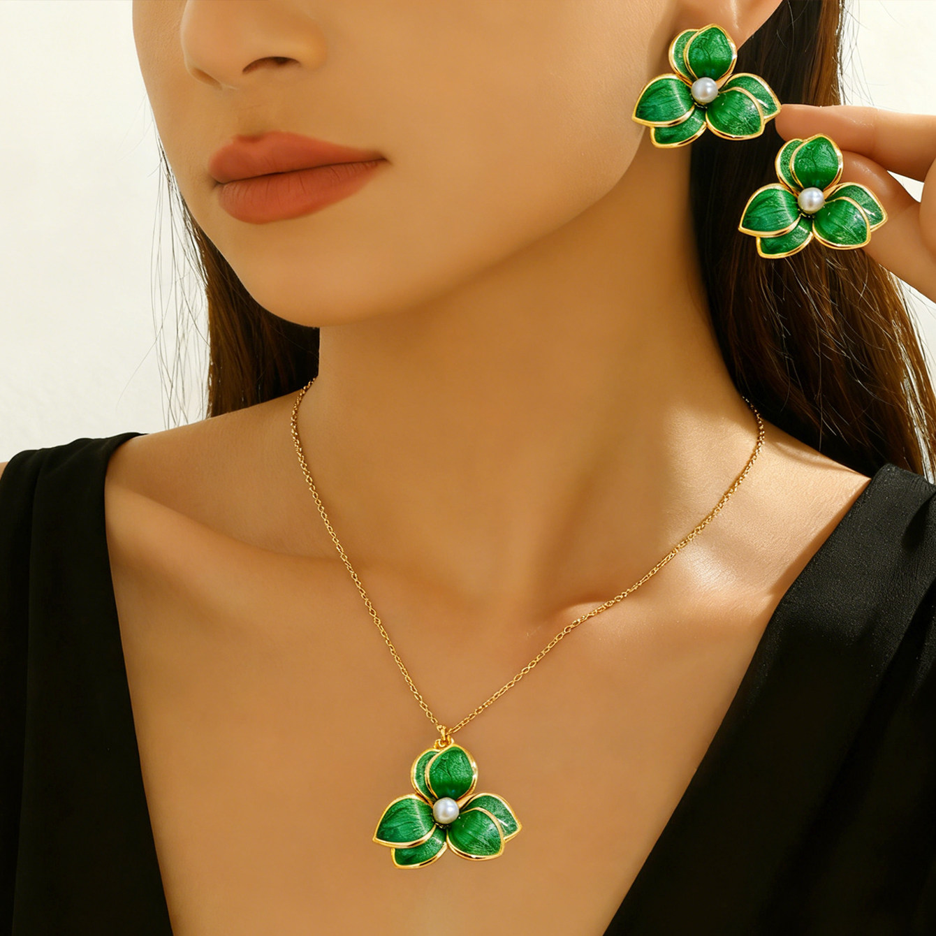 时尚滴油花朵项链耳钉套装森系度假风首饰品仿珍珠双层花朵锁骨链,饰品/流行首饰/时尚饰品新,组合套装,淘宝优惠券,粉丝福利购,淘宝优惠卷