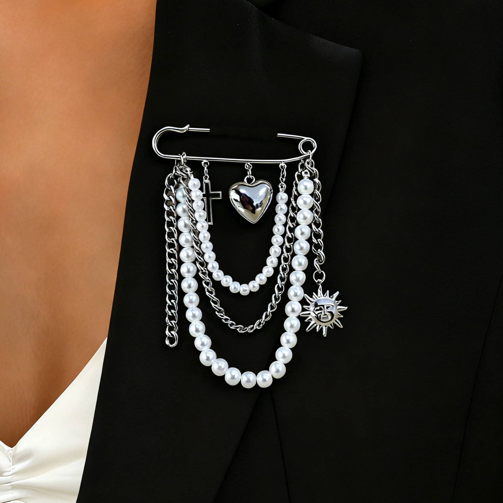 欧美朋克层叠链条胸针爱心十字架太阳花吊坠配仿珍珠链安全别针,饰品/流行首饰/时尚饰品新,胸针,淘宝优惠券,粉丝福利购,淘宝优惠卷