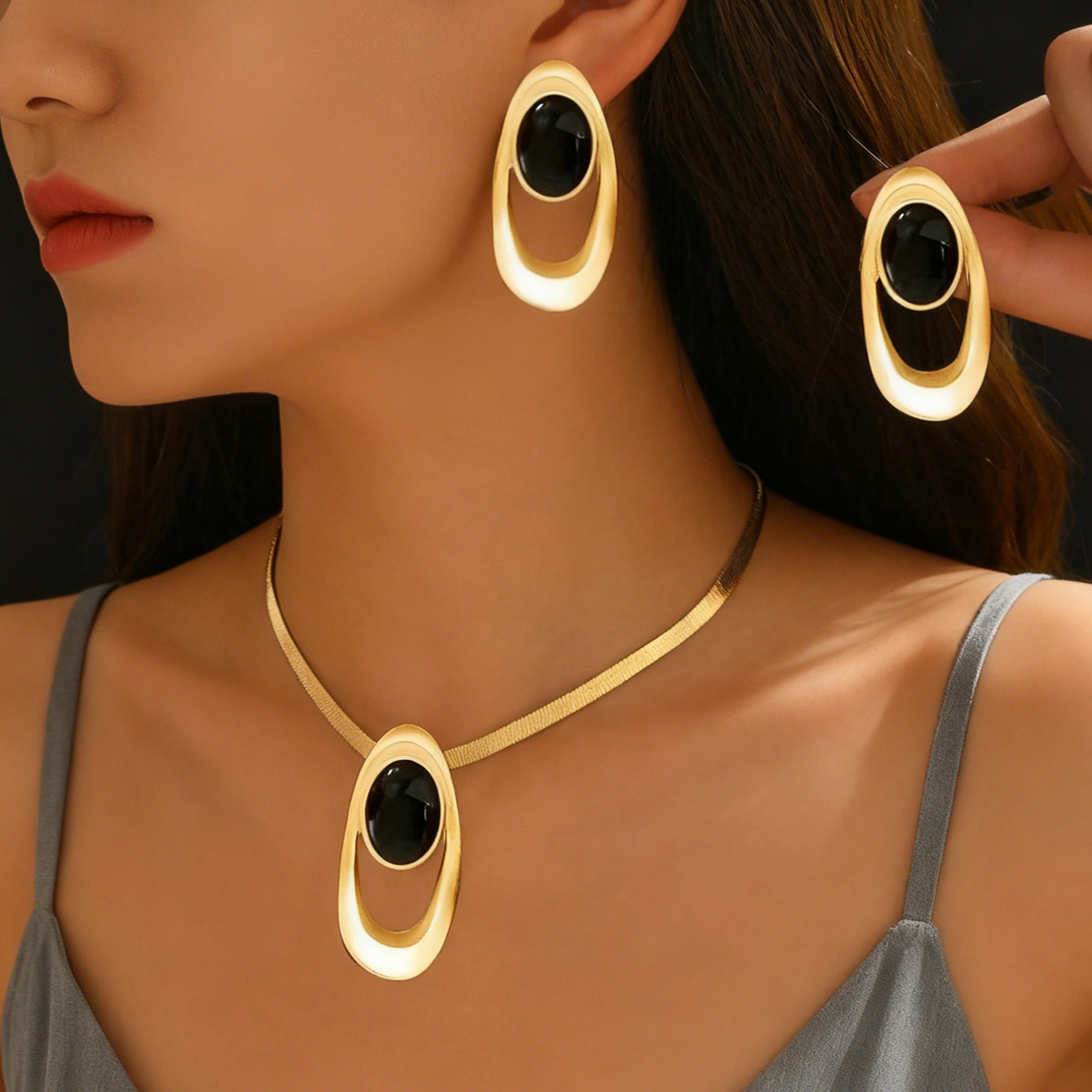 欧美时尚复古椭圆几何吊坠项链耳钉套装配饰优雅吊坠项链夸张首饰,饰品/流行首饰/时尚饰品新,组合套装,淘宝优惠券,粉丝福利购,淘宝优惠卷