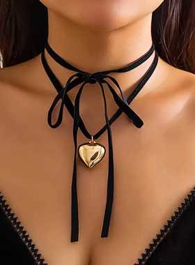 爱心吊坠黑色韩国绒绑带项链华丽抽拉可调节时尚个性性感绒布项圈