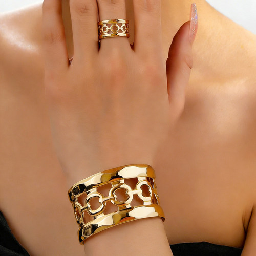 欧美几何设计宽面镂空手镯戒指