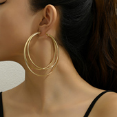 欧美跨境新款 嘻哈耳圈 金属夸张三层大圆圈耳环简约气质百搭个性