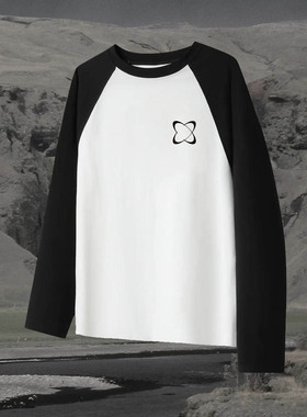 Celia Lab春季复古百搭宽松撞色黑白拼接圆领插肩长袖潮牌打底衫