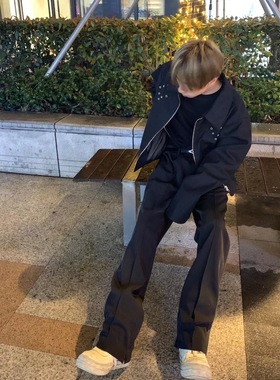 Celia Lab黑色休闲百搭直筒宽松可调节侧拉链西裤垂感cleanfit风