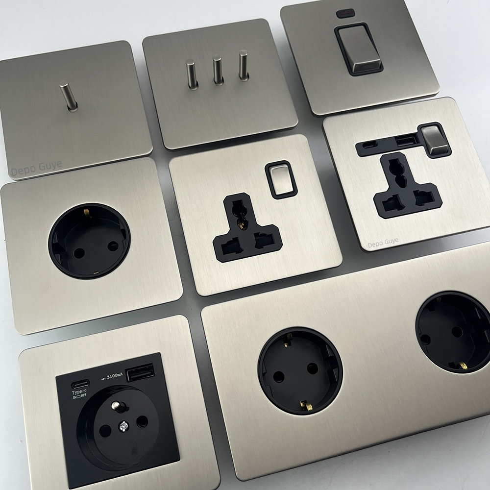 香港马来西亚欧洲USB C插座复古拨杆古董双开关插座面板银色金属