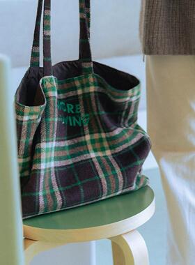 VM香草山 绿格格 格子单肩包原创设计厚款帆布毛呢大容量环保袋