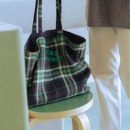 VM香草山 绿格格 格子单肩包原创设计厚款帆布毛呢大容量环保袋