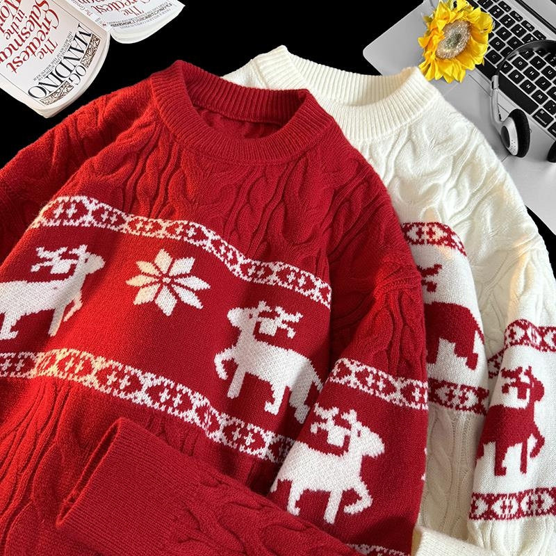 圣诞节麋鹿毛衣男女童秋冬加厚安可拉红圆领针织衫大童青少年毛衣