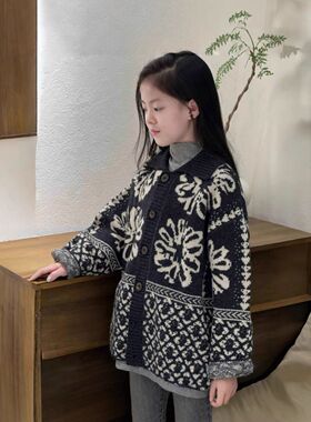 女童开衫毛衣针织衫2026秋冬新款中大童韩版宽松线衫上衣复古灰色