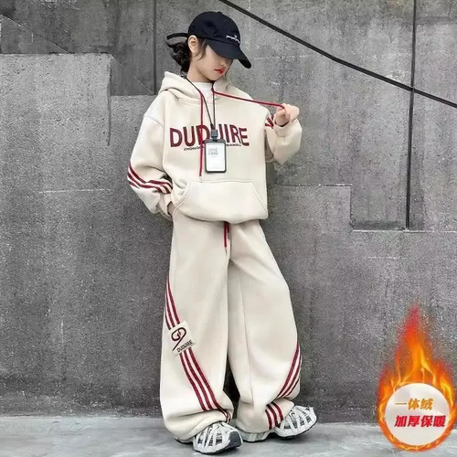 女童春秋冬休闲套装2025新款加绒母女亲子装连帽卫衣阔腿裤两件套