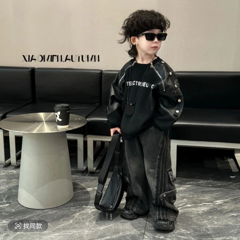 儿童2025秋款套头纯色字母韩版单排扣拼色卫衣秋冬男童皮衣两件套,童装/婴儿装/亲子装,套装,淘宝优惠券,粉丝福利购,淘宝优惠卷