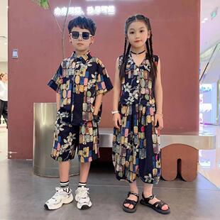 2026新款母女装亲子装姐弟装夏款冰丝印花冰凉丝滑休闲百搭潮套装