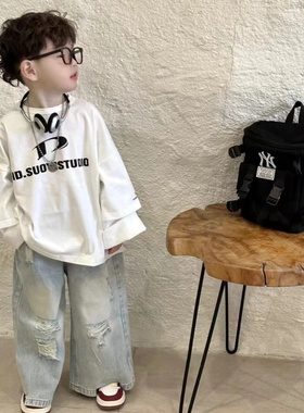 男童春秋韩版新款儿童洋气白色百搭宽松长袖个性设计破洞牛仔裤潮