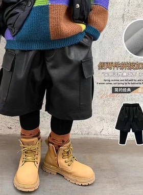 冬季加绒儿童PU皮中裤宝宝假两件连体打底裤男孩女孩男童皮裤洋气