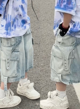 中大童儿童2026新款夏季重工水洗做旧复古浅蓝色工装牛仔裤短裤潮