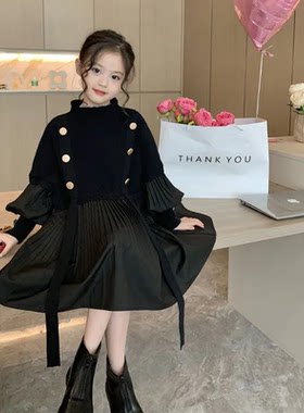 童装中大女童连衣裙春秋装赫本风黑色设计感拼接毛线裙儿童百褶裙