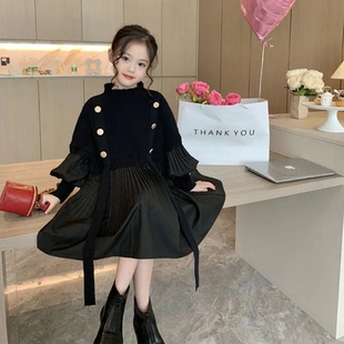 童装中大女童连衣裙春秋装赫本风黑色设计感拼接毛线裙儿童百褶裙