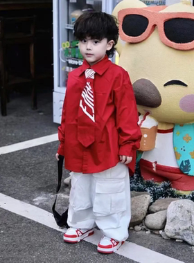 男童秋季2025新款儿童宝宝潮酷红色衬衫上衣两件套潮多口袋工装裤