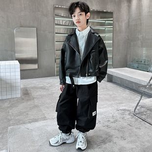 男童炸街痞帅外套2026儿童春秋装 皮衣夹克男孩时髦PU皮加绒衣12岁