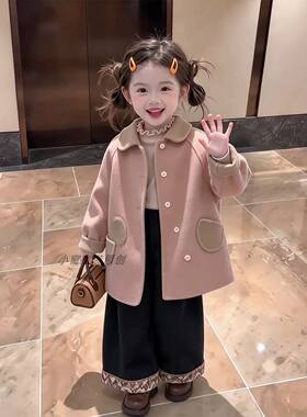 女宝粉色毛呢外套中长款秋冬季装2026新款儿童加厚保暖娃娃领大衣