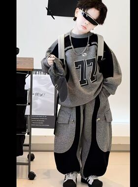 男童秋冬款加绒卫衣套装2026新款男孩帅气时髦加厚保暖卫衣套装潮