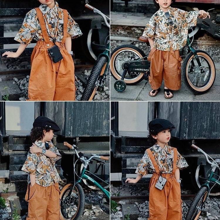 男童短袖花朵衬衫夏季凉爽宽松夏装男宝宝工装七分裤背带裤套装潮,童装/婴儿装/亲子装,套装,淘宝优惠券,粉丝福利购,淘宝优惠卷